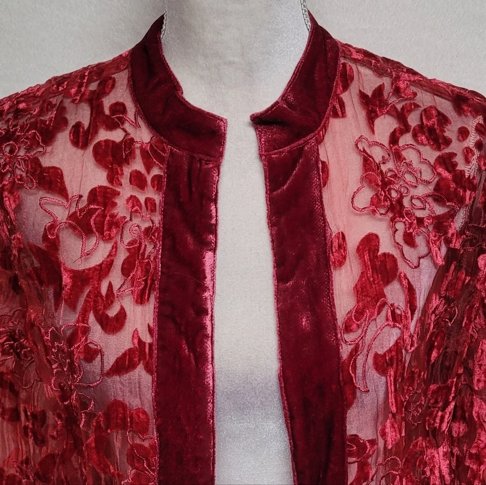 Chico's 90s Vintage Red Burnout Velvet Floral Sheer Mesh Open Front Cardi Jacket